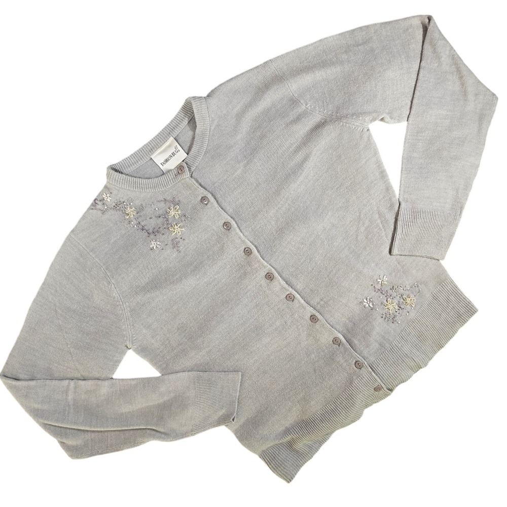 Fashion Bug Womens XL Gray Embroidered Floral Button Up Cardigan Sweater